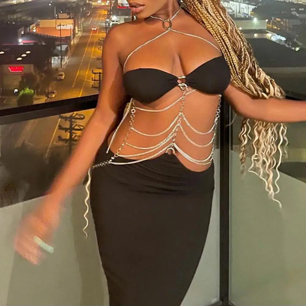 

Women Dress Solid Color Maxi Dress Sexy Hollow Chain Party Wear Maxi Dress