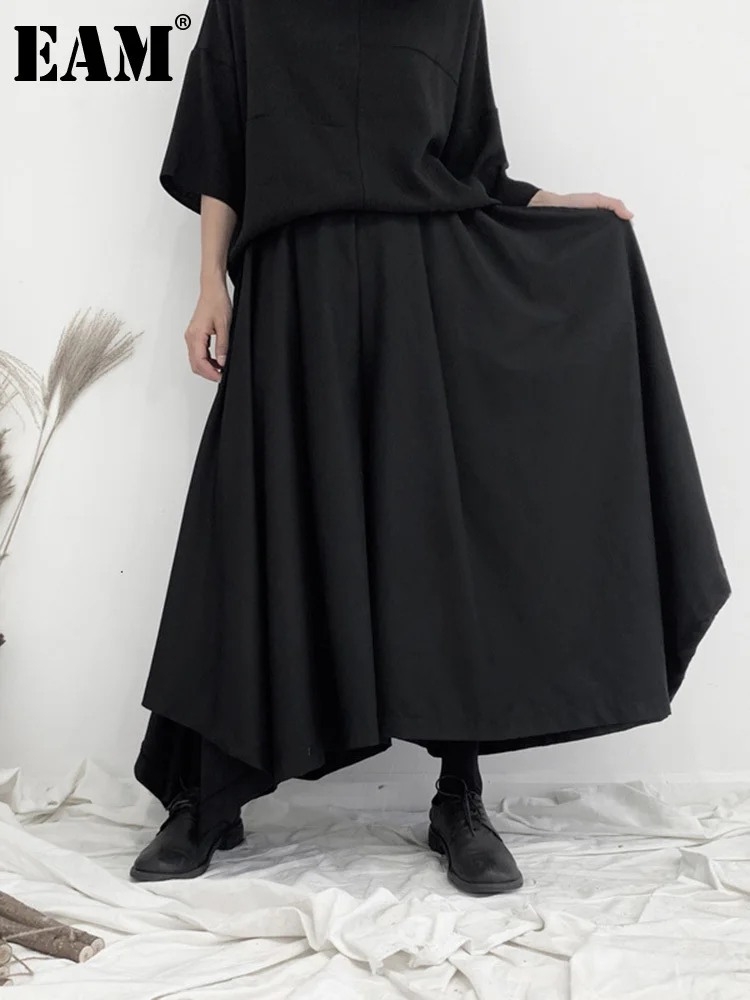

[EAM] High Elastic Waist Black Leisure Long Wide Leg Trousers New Loose Fit Pants Women Fashion Tide Spring Autumn 2022 19A-a637