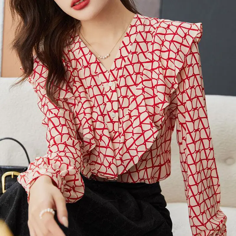 

Elegant V-Neck Spliced Ruffles Printed Blouse Women's Clothing 2023 Summer New Oversized Casual Pullovers Office Lady Shirt