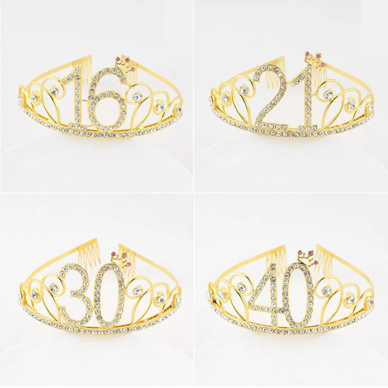 Birthday Princess Tiara Crown Cake Decorating 16 21 30 Number Crystal Hair Band Headdress Wedding for Women Anniversary 30 Party