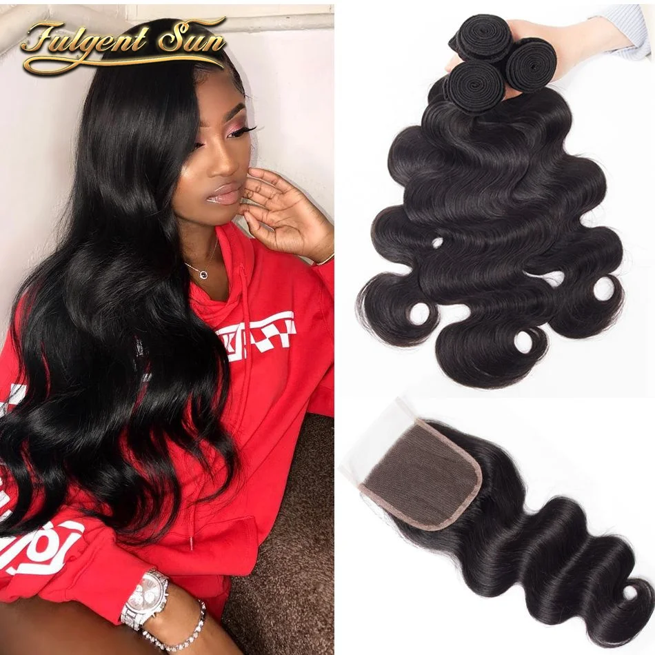 Peruanos da Onda do Corpo com Fechamento Pacotes do Cabelo Extensão do Cabelo Pacote do Cabelo Humano com Fechamento do Laço com 3 Pacotes Tecer 4×4