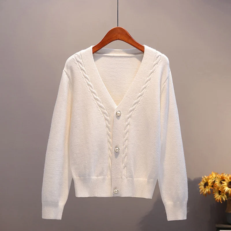 

Однобортный Кардиган OHRYIYIE белого и бежевого цвета, женский свитер, Осень-зима 2022, модный вязаный свитер с длинным рукавом, женские топы