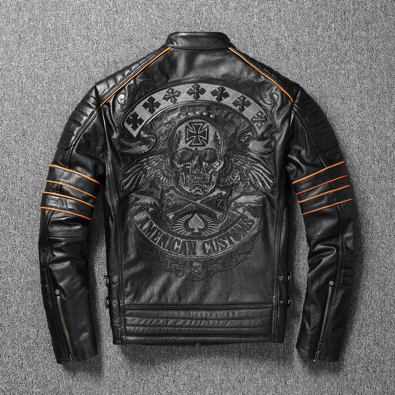 

2021 New Skull Embroidery Men's First Layer Cowhide Leather Jacket Motorcycle Slim Oversize Coat