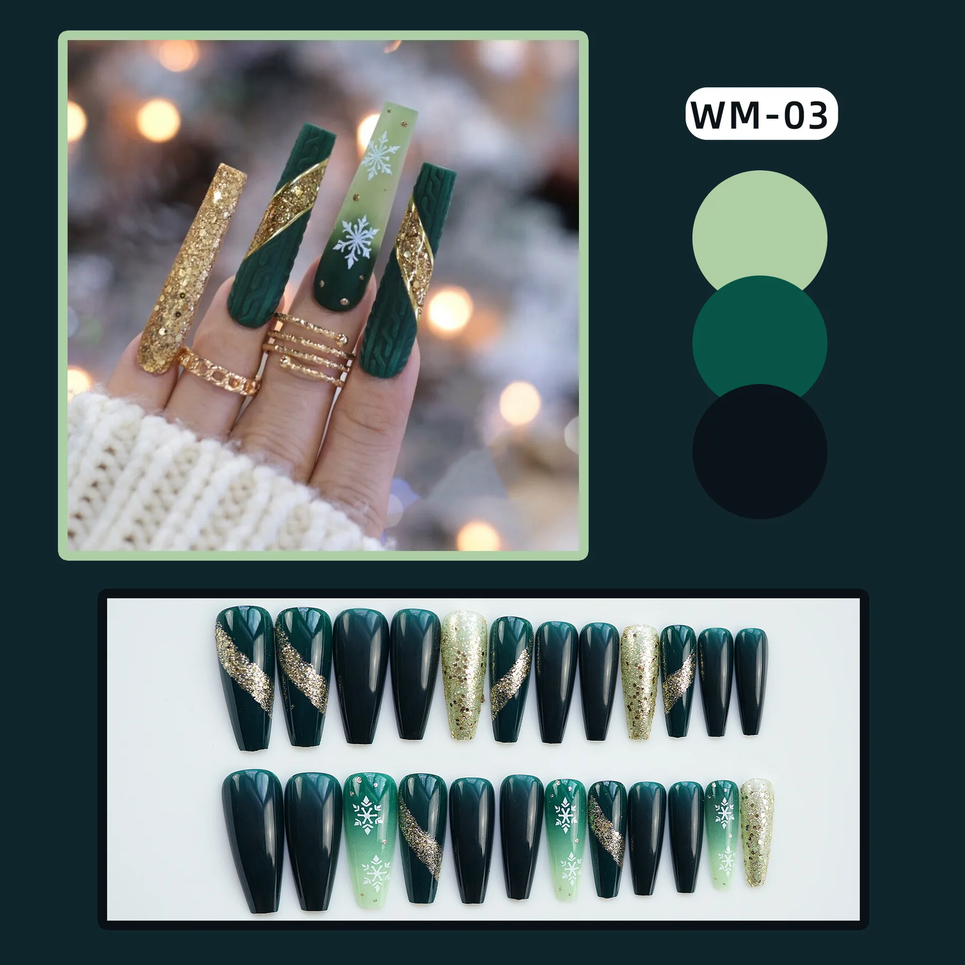 

24pcs fake nails set green forest snowflakes for Christmas DIY manicure supplies french long coffin tips press on false nail kit