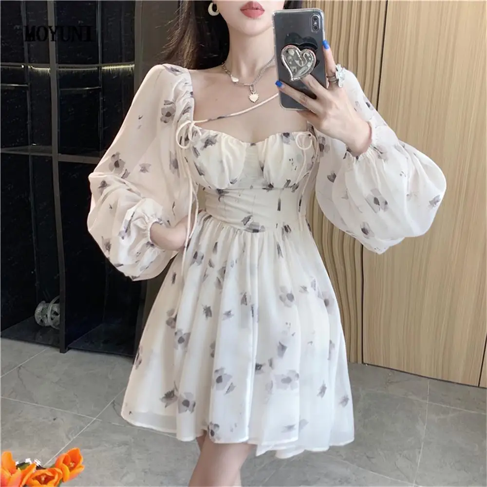 

Moyuni cute S-L Slim High Waist Mini Dress Florals Close Waist Chic 2022 Sweet Women Sexy Square Collar Summer All Match OL