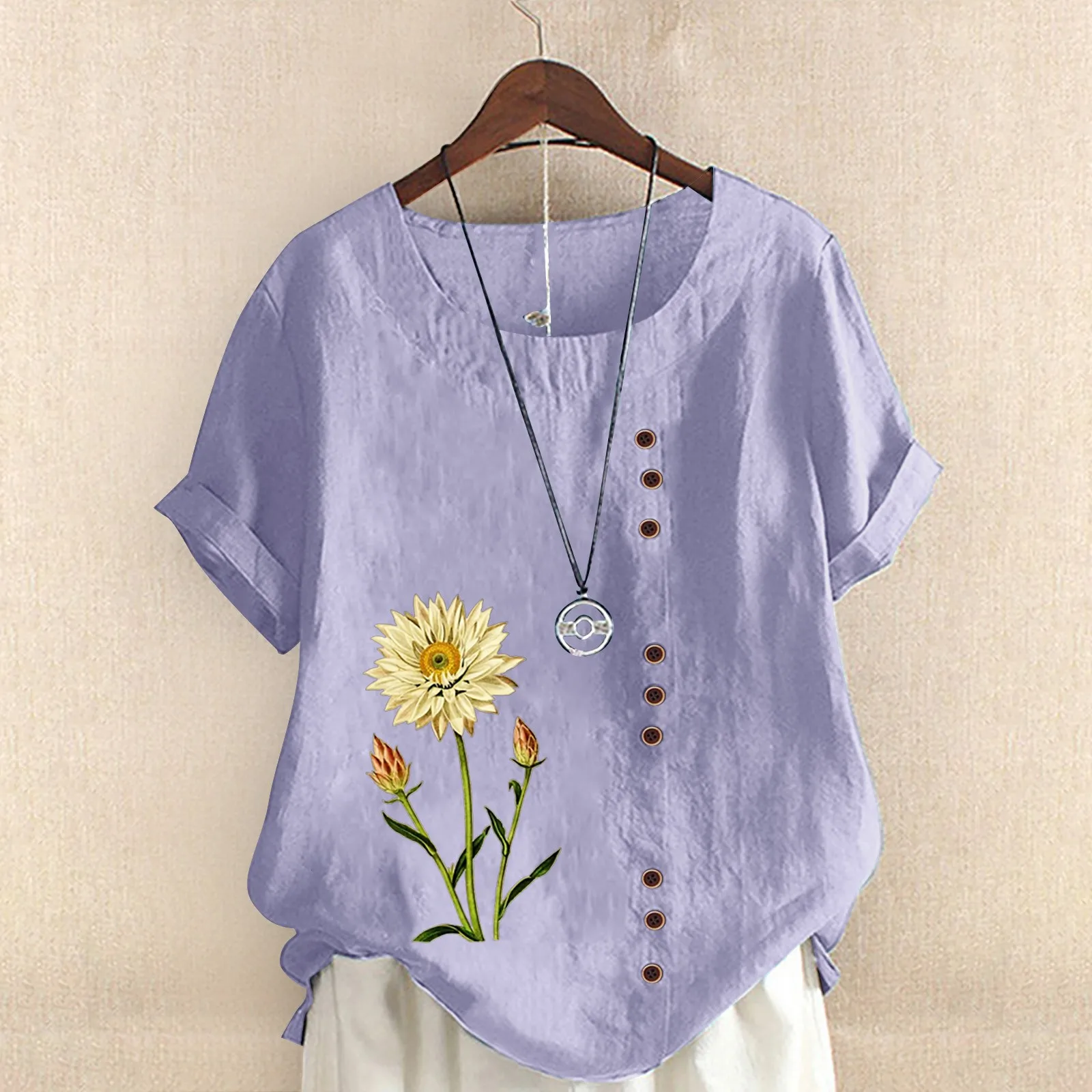 

Женское свободное платье с коротким рукавом, круглым вырезом и пуговицами