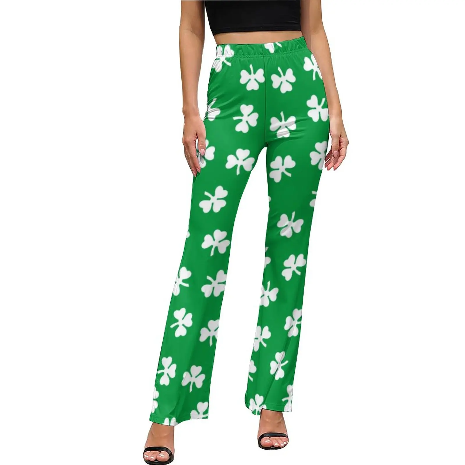 

St Patrick's Day Pants Elastic Waist Irish Green Shamrock Clover Casual Flare Trousers Summer Women Graphic Harajuku Slim Pants