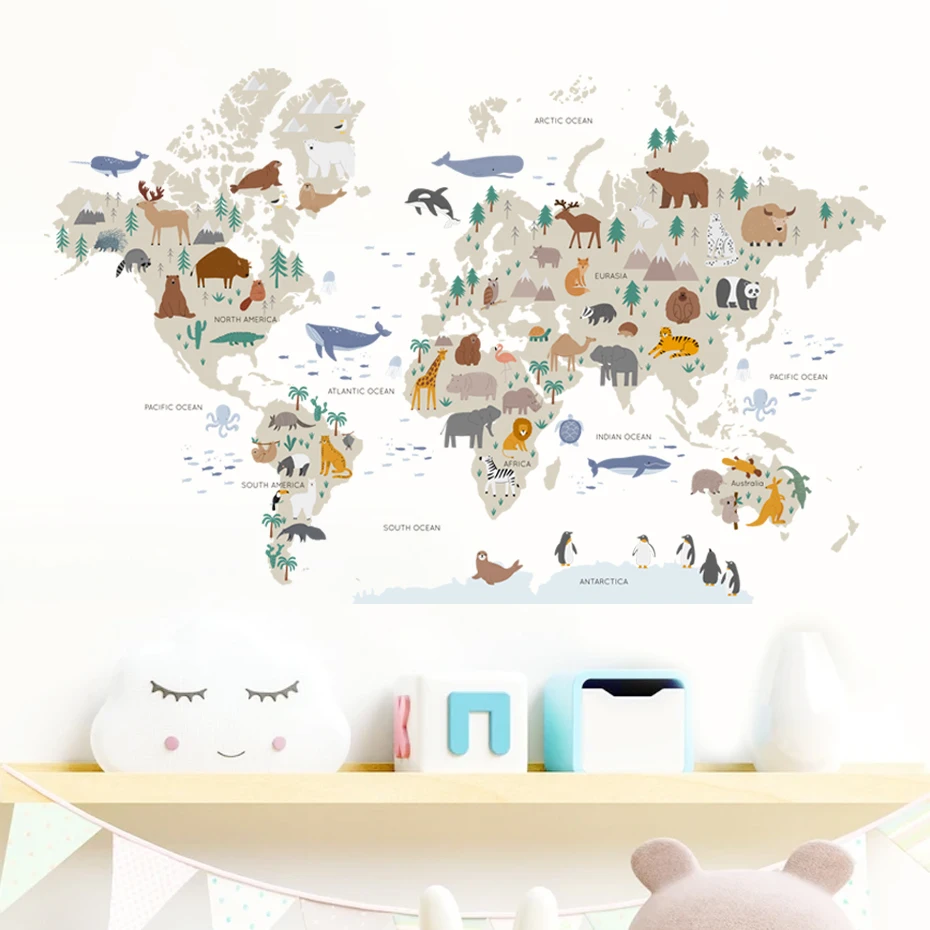 

Caroon Large World Map Animals Wildlife Watercolor Wall Stickers Vinyl Wall Decals Print Kids Room Playroom Interior Home Decor