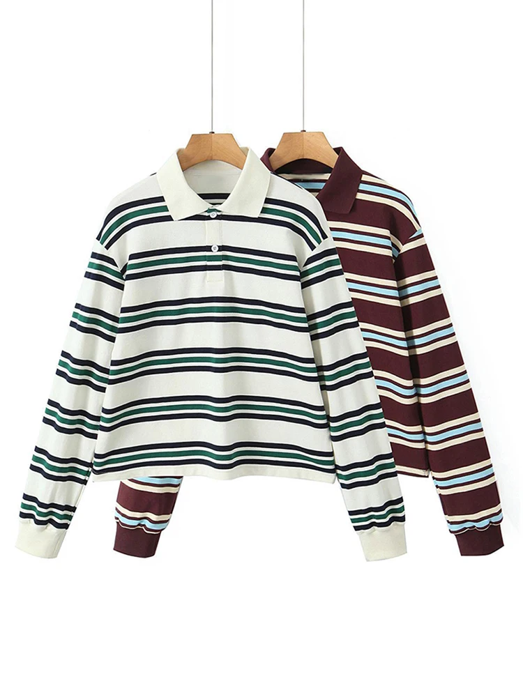 Модная женская футболка в полоску, повседневная женская универсальная рубашка-поло с длинным рукавом, новинка весны 2025, женские свободные топы High Street (art.: 3920cb83eb24c) - 3920cb83eb24c