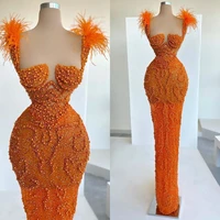 chic orange evening dresses for women 2022 pearls sequin sleeveless prom gowns with feathers fashion party outfits