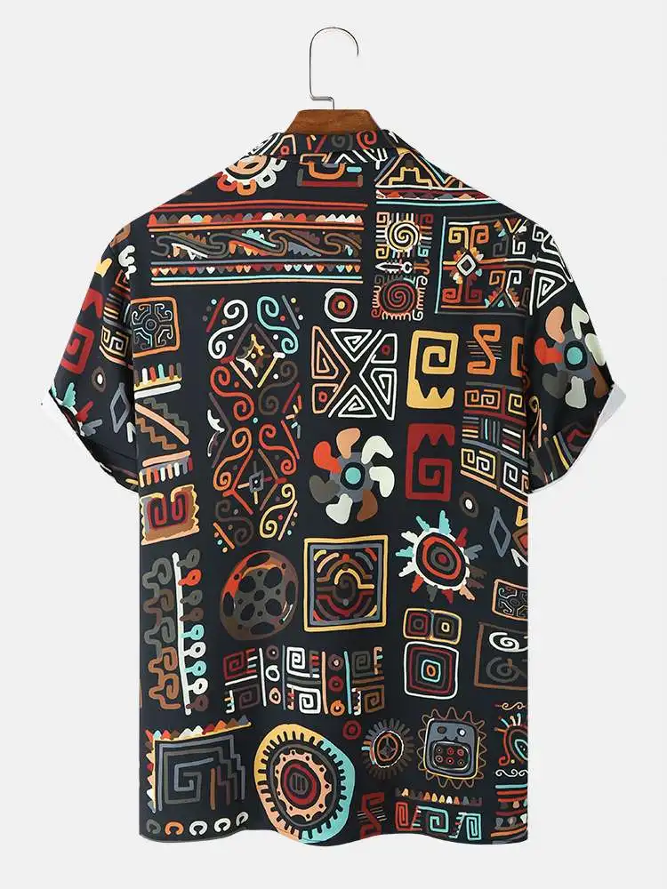 CharmkpR Fashion Men's Tribal Geometry Printing Blouse Casual Streetwear Male Lapel Collar Short Sleeve Button Shirts S-2XL 202