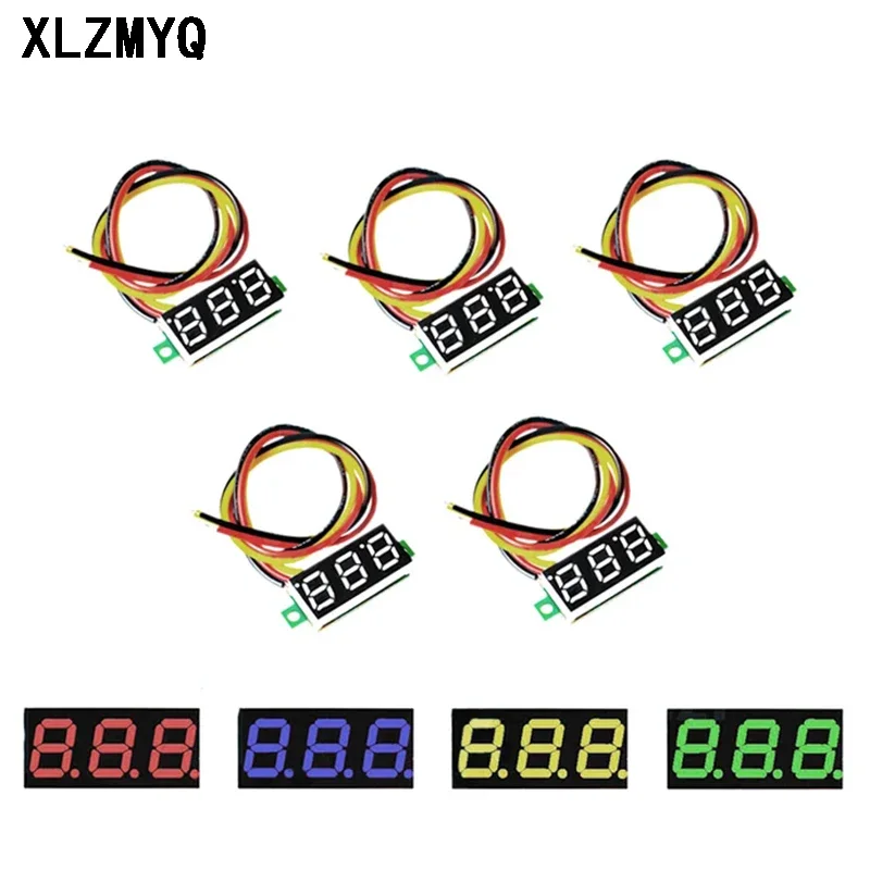 

5 шт. 0,28 дюйма, 3 провода, цифровой вольтметр, тестер напряжения постоянного тока 0-100 В, мини-вольтметр постоянного тока, детектор 12 В, красный, зеленый, синий, желтый