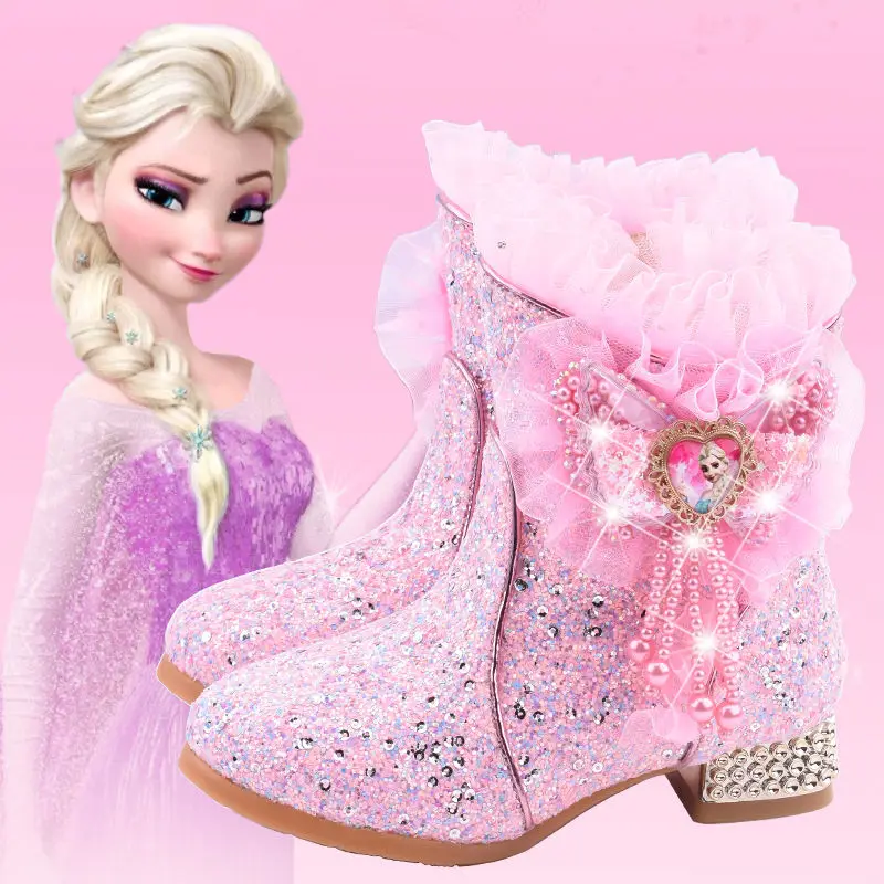 Botines de princesa Disney para niñas, botas de algodón de terciopelo, botas de moda para niños, zapatos brillantes de princesa Elsa rosa para niñas