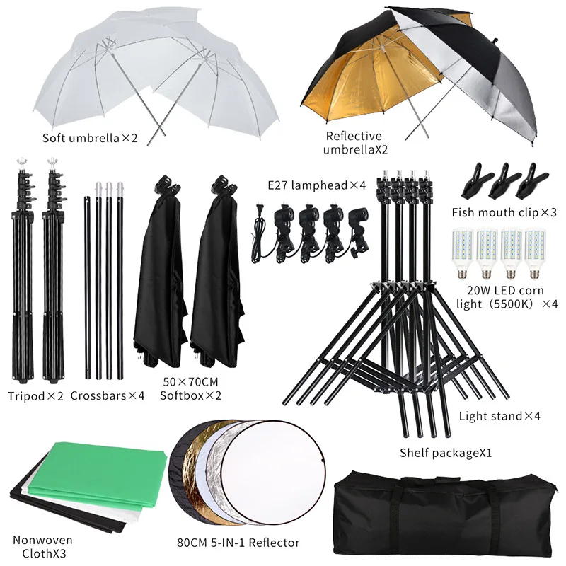 

36in 1 Green Backdrop Photography Video Lights Set Umbrella Reflector Photo Studio Professional Photography Equipment Kit