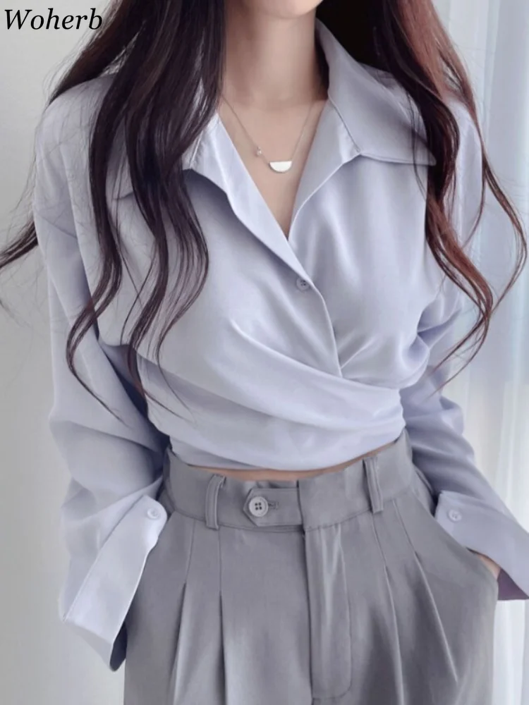 Woherb пикантные Короткие топы модная блузка женская рубашка с длинным рукавом и