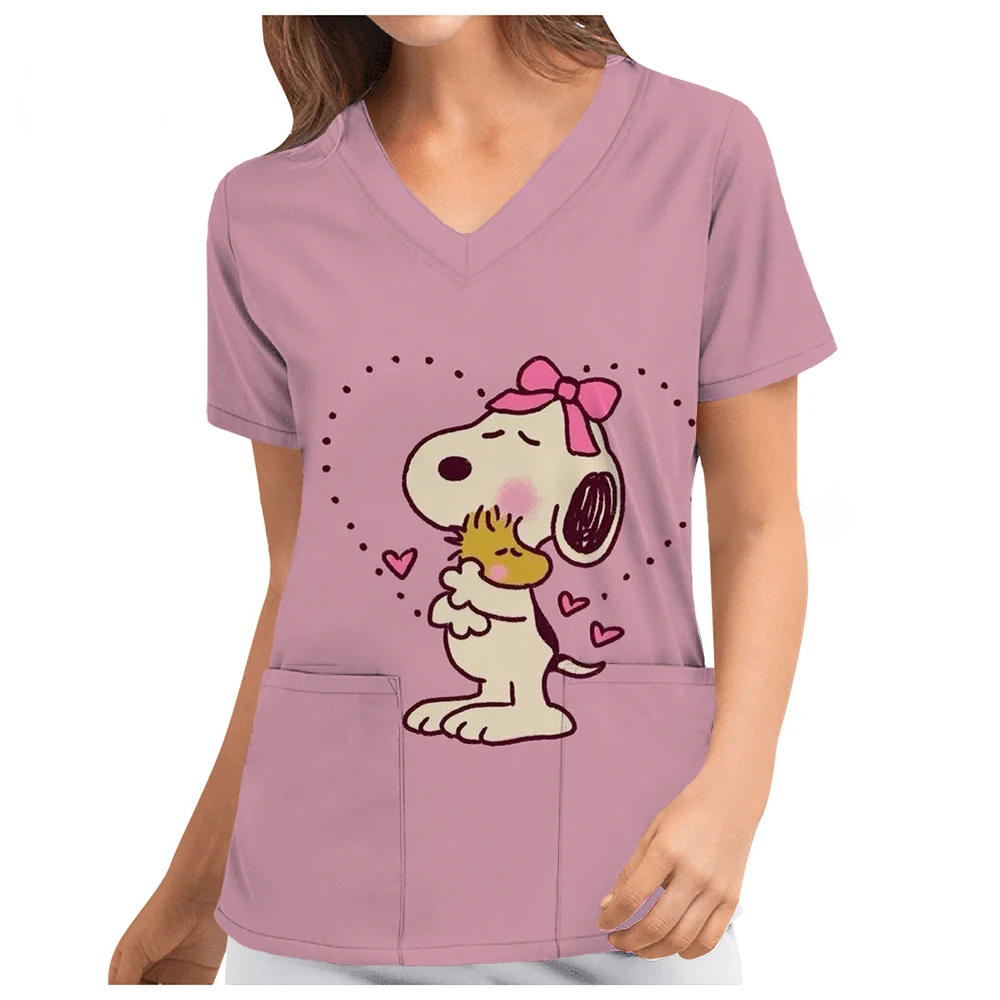Pocket Women's T-shirt V Neck Nurse Uniform T-Shirt Y2k Clothes Snoopy S-2XL Cheap Top New Hospital Woman Clothing 2024