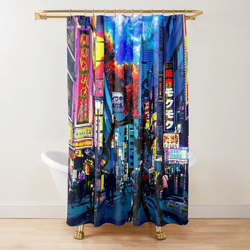 

Rushing Into Tokyo's Neon Shower Curtain Blue Tokyo Alleys Shower Curtain Electric Postcard From Osaka Bath Curtains with Hooks