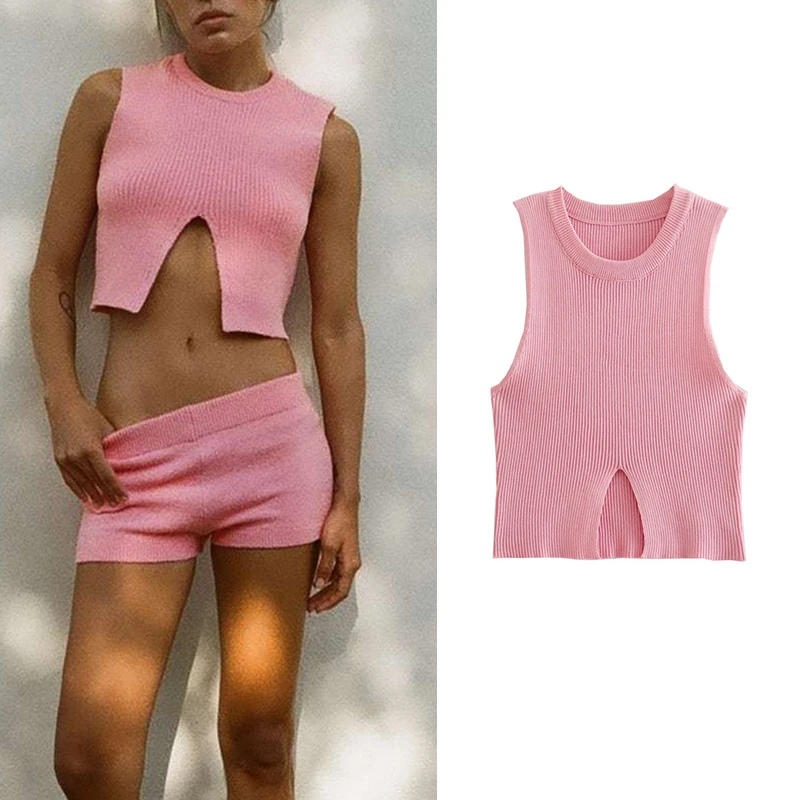 

2022 Summer Women Fashion Pink Knitted Vest Versatile Sleeveless O Neck Hem Slit Female Short Pullovers Chic Top DA2330