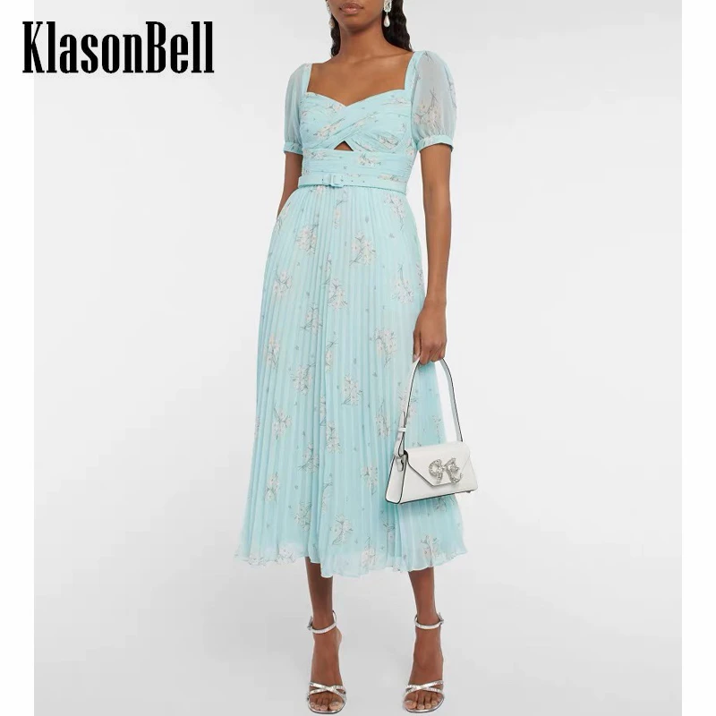 7.1 KlasonBell Holiday Floral Print Sweetheart Neck Puff Sleeve Hollow Out With Belt Pleated Dress Women