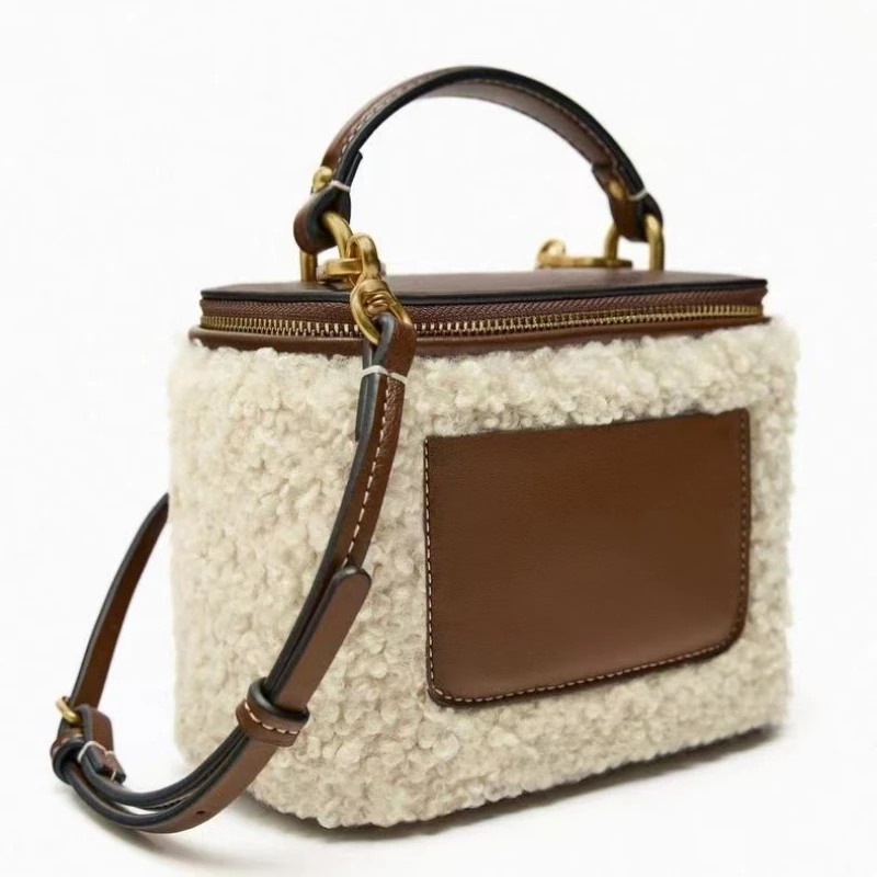 

Winter New Synthetic Lamb Wool Spliced Pu Leather Mini Box Handbag Autumn and Winter Small Square Bag Fashion Crossbody Bag