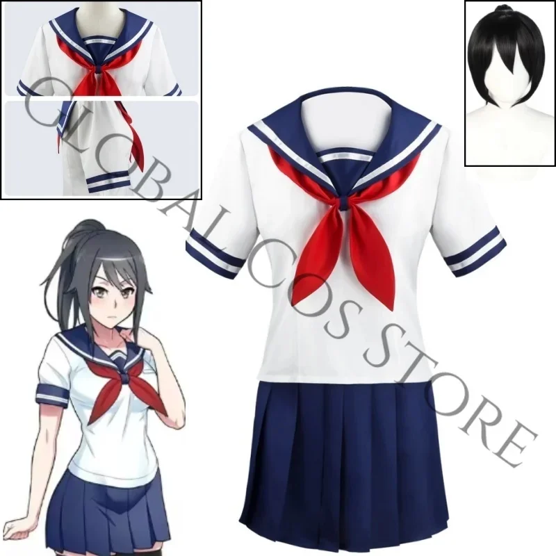 Фото Костюм для косплея Аяно Айши из игры Yandere, бело-синяя матросская форма, красный галстук-бабочка и плиссированная юбка, парик, полный комплект. №1