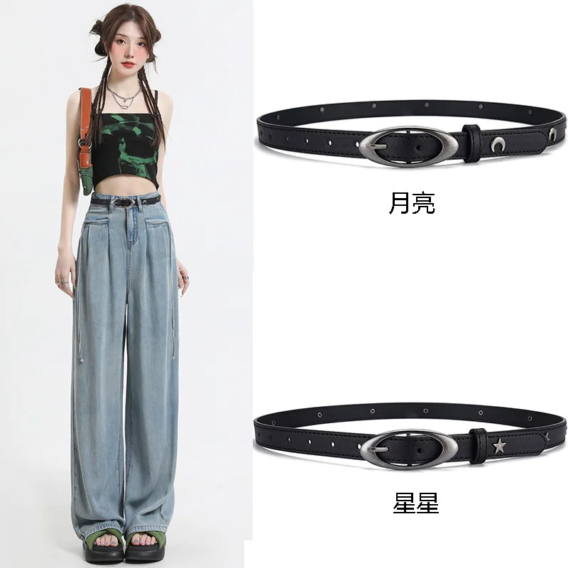

Men's Women's Belt Original Design Vintage Copper Buckle Star Crescent Male Female Belt For Women Men Fashionable