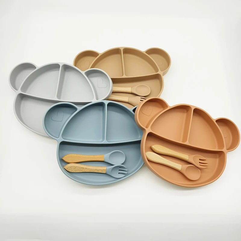 

4pcs/set Children's Dishes Baby Silicone Sucker Bowl Baby Bear Plate with Lid Spoon Tableware Set Kids Dishes