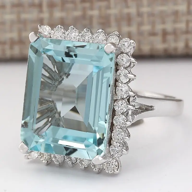 

HOYON s925 Silver Color Luxury Natural Sea Blue Topa Sapphire Exaggerated Ring Women's Crystal Gem Wedding Engagement Jewelry