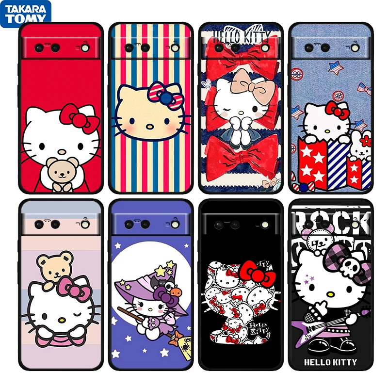 

Cartoon Cute Hello Kitty Shockproof Cover for Google Pixel 6 6a 6Pro 5 5a 4 4a XL 5G TPU Black Phone Case Shell Soft Funda Coque
