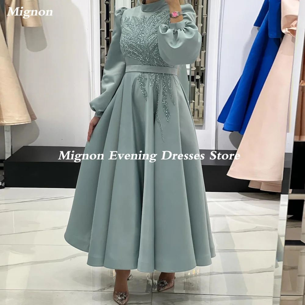 

Mignon Satin A-line O-neck Applique Arab Ruffle Prom Gown Ankle Length Saudi Evening Formal Elegant Party Dress for Women 2023