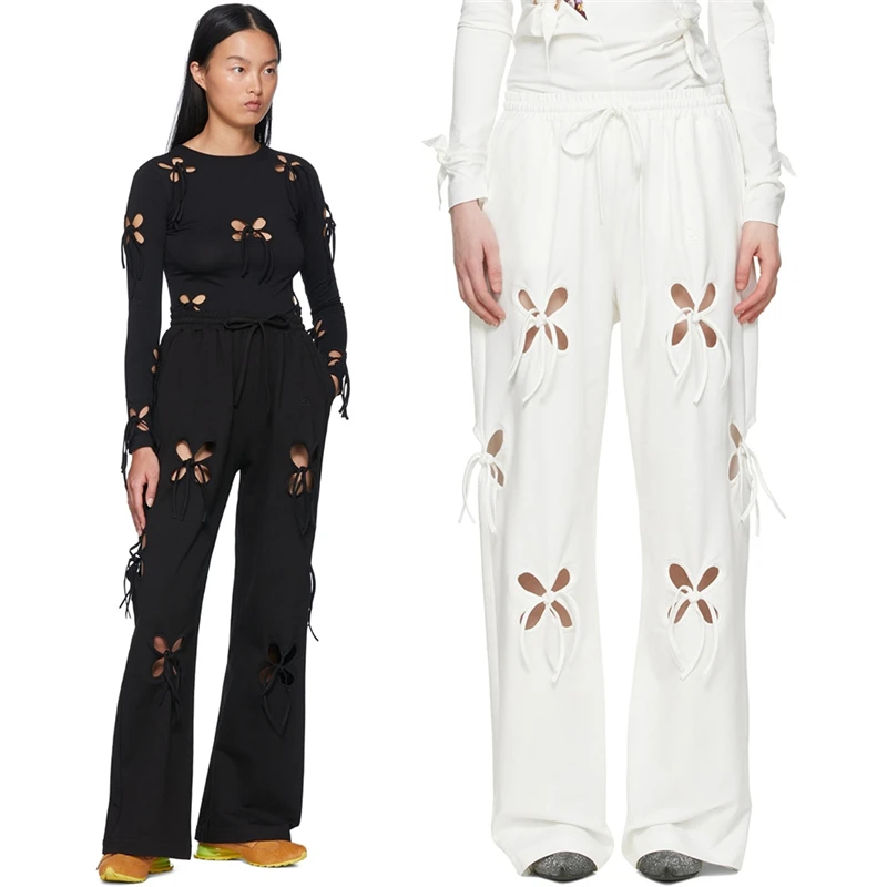 

Женские прямые брюки Amoi, повседневные однотонные брюки из чистого хлопка с цветочным принтом и бантом, с эластичным поясом, 2022