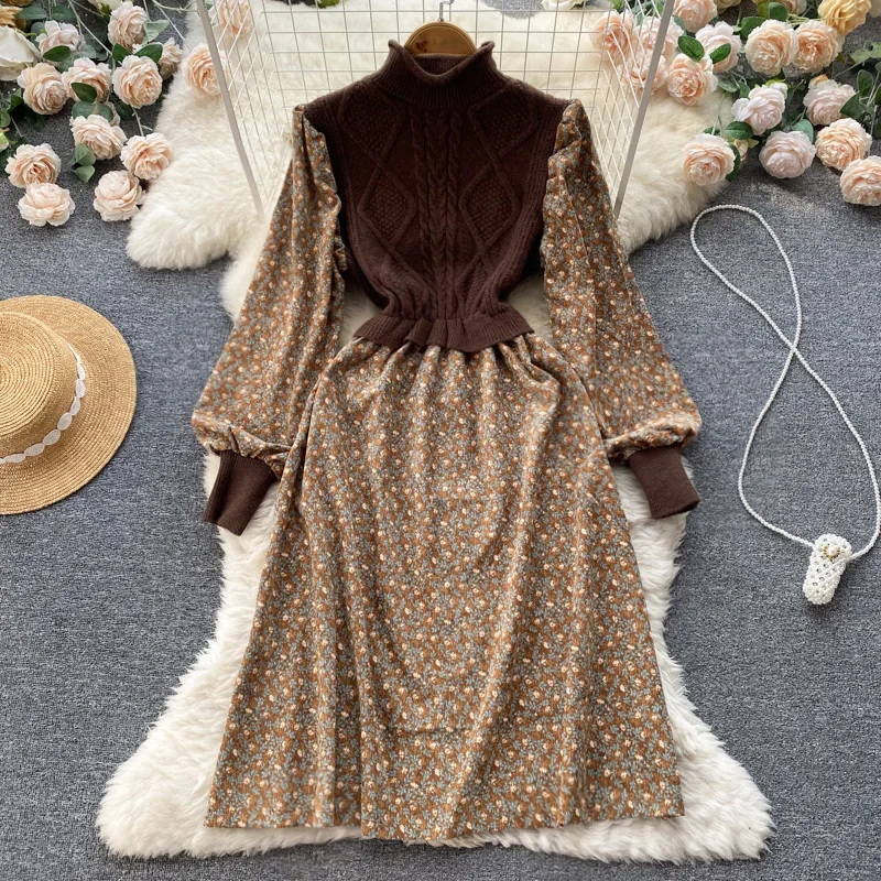 

Autumn and Winter Fake Two Pieces Knitted Stitching Hundred and One Temperament Floral Temperament Thin Fairy Dress