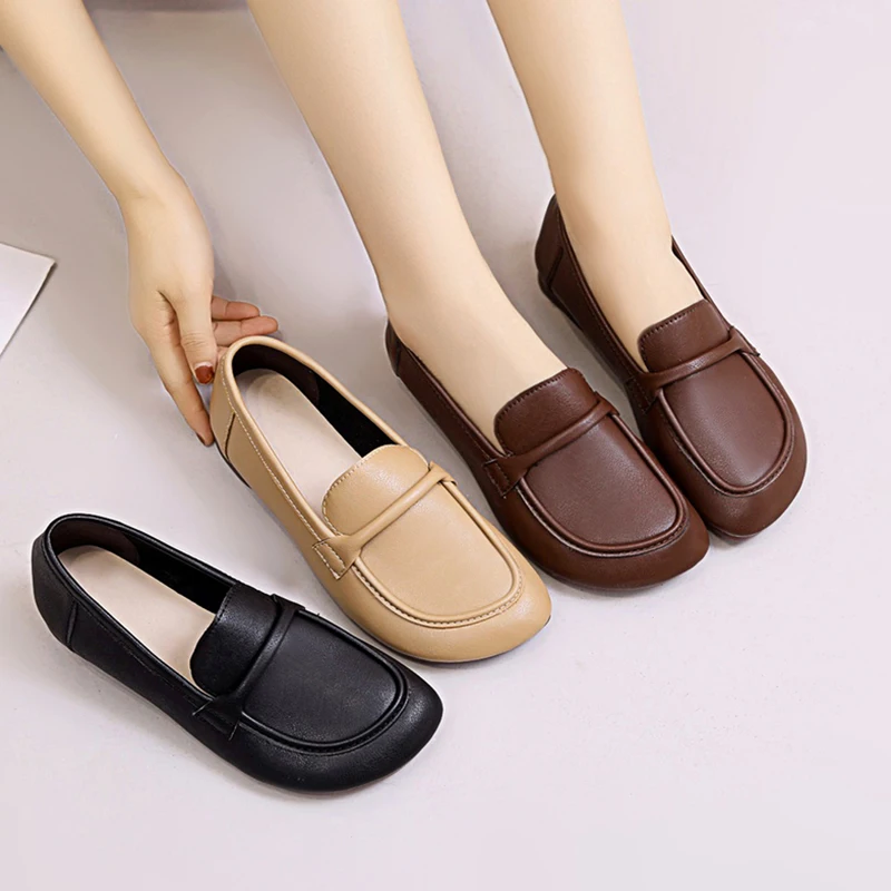 

Leather Women's Shoes All-Match Slip-on Casual Female Sneakers Soft Shallow Mouth Flats Round Toe Genuine Leather New Comfortabl