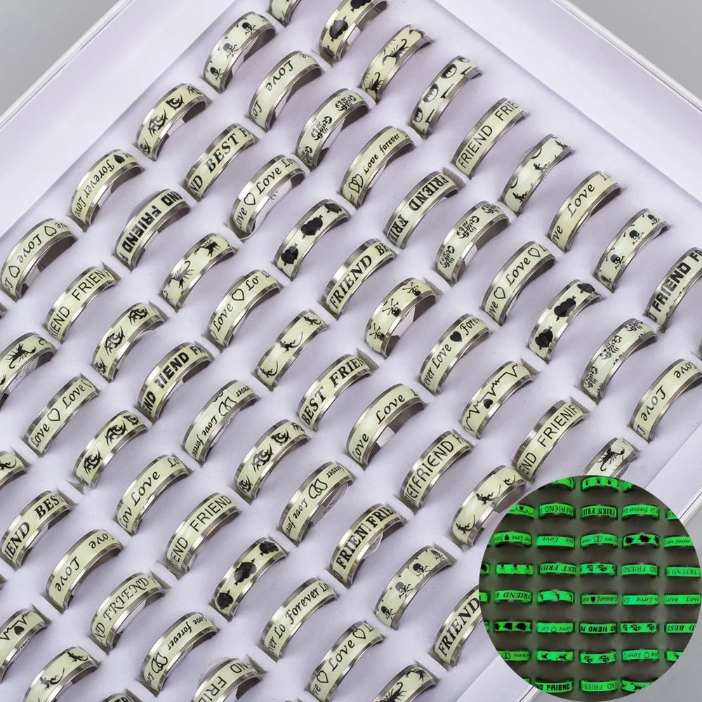 

2022 100 Pcs/Lot Stainless Steel Luminous Rings For Women Mix Heart Love Friend Couple Party Men Jewelry Gift Wholesale Anillos