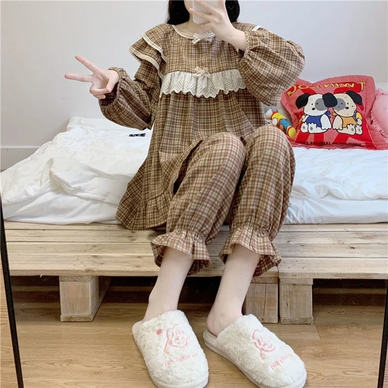 QWEEK Women's Home Suits Spring Autumn Female Set Pajamas Kawaii Lace Bow Ruffles Pijamas Sleepwear Roomware Nightie Pyjamas