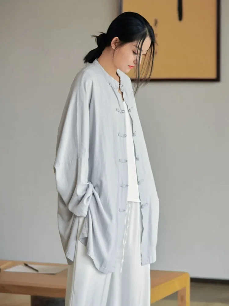 Женская льняная блузка на пуговицах Johnature однотонная Свободная рубашка в