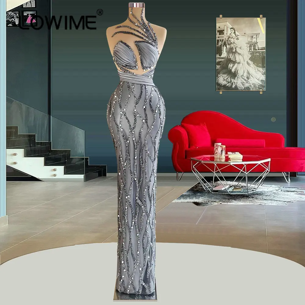 

Блестящие серые великолепные платья с высоким воротом и юбкой-годе для выпускного вечера сексуальные блестящие женские элегантные длинные...