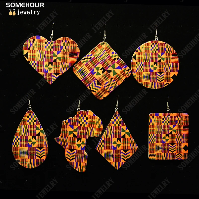 

SOMEHOUR Fashion Boho Geometric Wooden Drop Earrings African Ethnic Fabric Print Ankara Plaid Ear Dangle Jewelry For Women Gifts