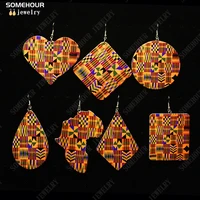 somehour fashion boho geometric wooden drop earrings african ethnic fabric print ankara plaid ear dangle jewelry for women gifts