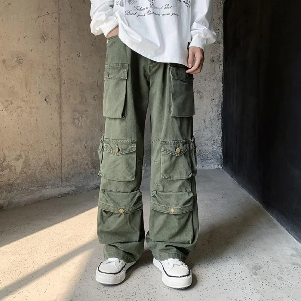 

Men Cargo Pants Street Style Multi Pockets Men Trousers Loose American Retro Trousers Solid Color Straight Mid Waist Overalls