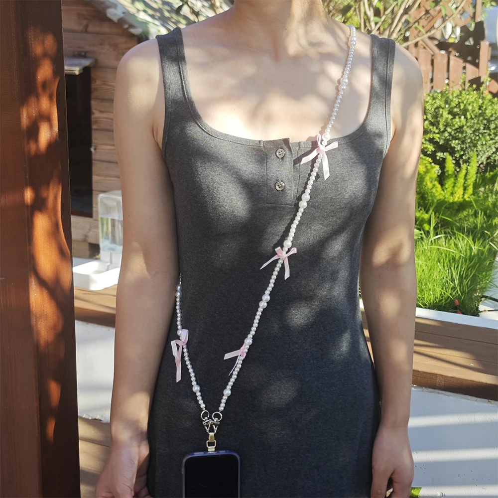 Цепочка через плечо с милым бантом и жемчугом для телефона анти-падение