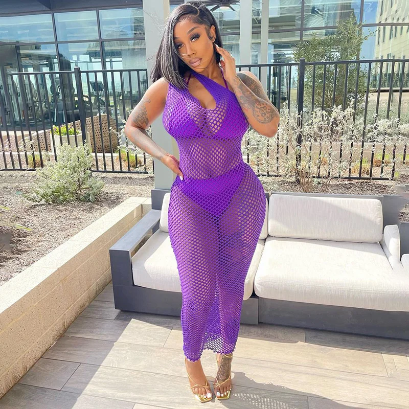 

2023 Fish Net Sheer Mesh Summer Dress Women Sexy Beach Vacation Outfits Cut Out One Shoulder Maxi Dresses Dropshipping