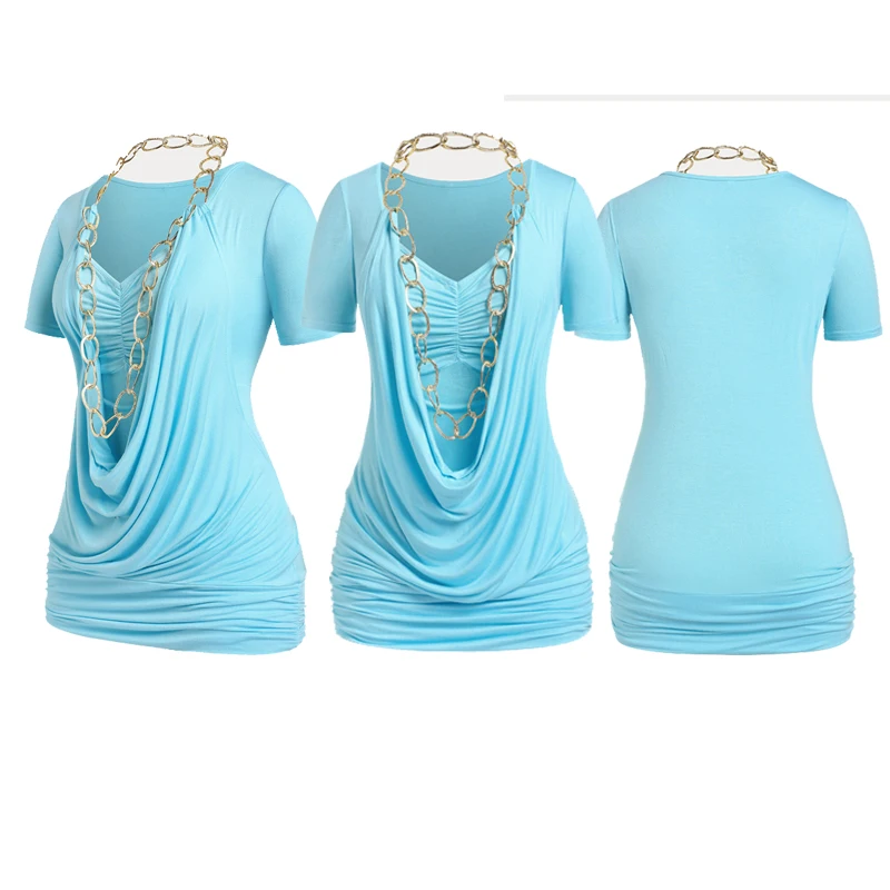 Women's Short Sleeve Ruched Cowl T Shirts Blouse Tank Tops With Circle Collar Sequin Chain 4XL Ladies Summer Space Dye Tees