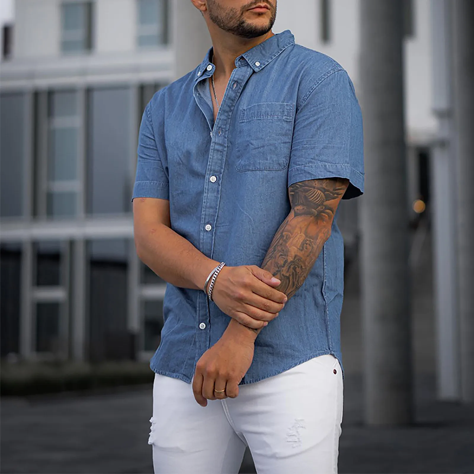 

Men's Casual Solid Color Shirt Denim Splicing Shirt Men's Short Sleeve Casual Loose T Shirt Adult Romper Long Shirt Mens Shirt