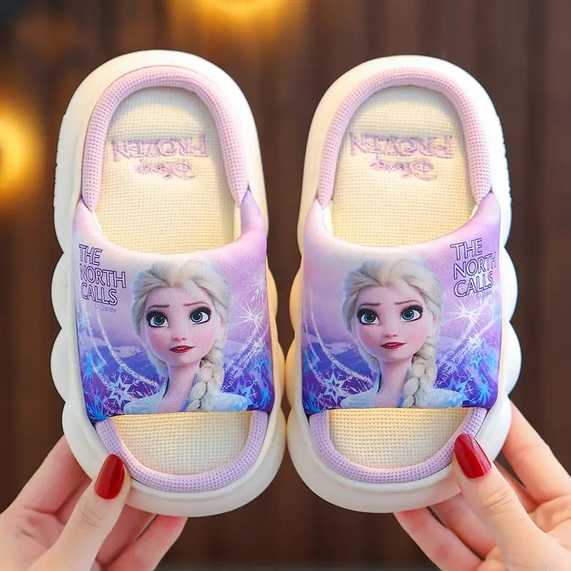 Домашние тапочки Disney Принцессы Эльзы, дышащие Нескользящие шлепанцы для девочек «Холодное сердце» на толстой подошве, детские тапочки, сандалии, синяя обувь с открытым носком