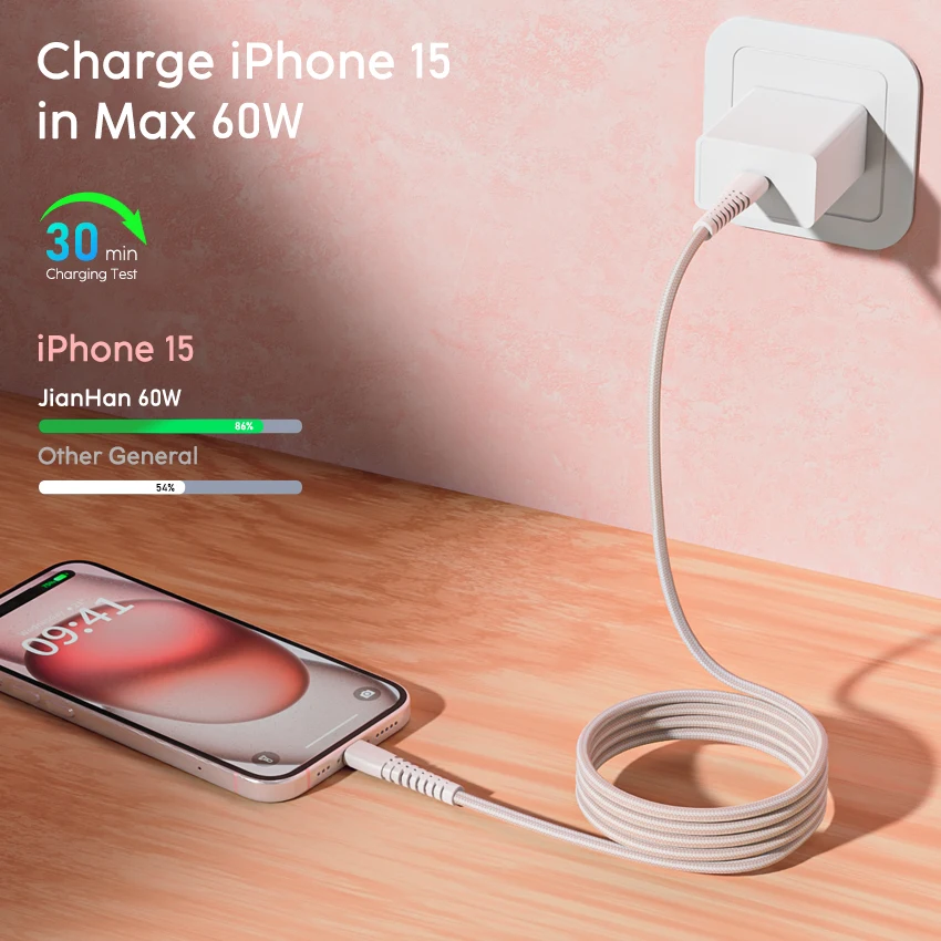 Фото JianHan Кабель USB C — USB C для iPhone 15 Plus Pro Max 60 Вт PD Кабель для быстрой зарядки типа C для Macbook Xiaomi Samsung LG №3