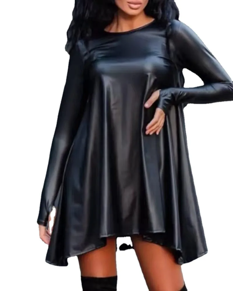 

Elegant Women's Dresses 2023 Spring Autumn Faux Leather Round Neck Long Sleeve Fashion Loose Dress Vesido Femenino S-XL