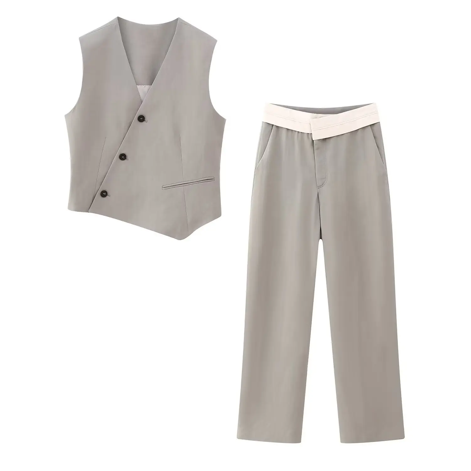 

Summer Women New Asymmetric Design Single-breasted Vest Fashion Stitching Wide Leg Pants Women Elegant Office Lady Suit 2023