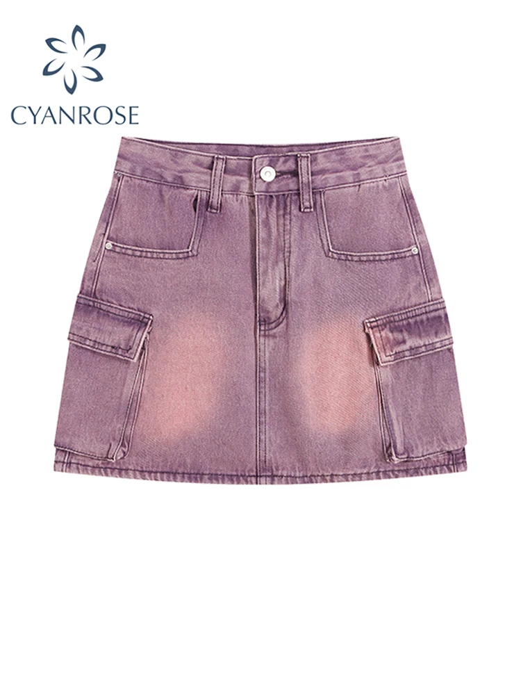 

Women Denim Cargo Skirt Casual Vintage Streetwear Korean Elegant Harajuku Y2k Hight Waisted Violet A-Line Mini Jean Skirt Summer