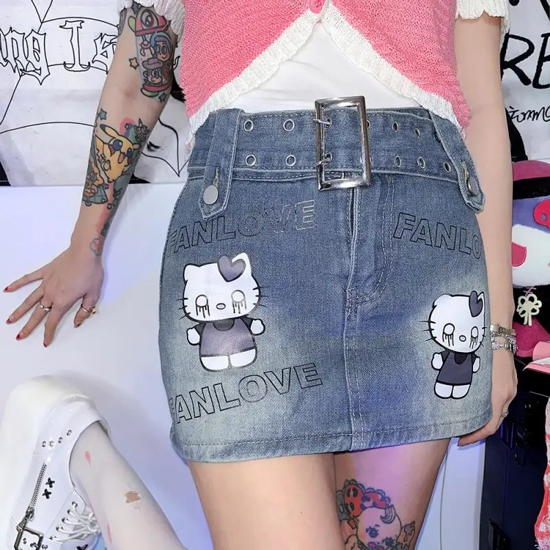 

Hello Kitty Cute Cartoon Printed denim short skirt Hip Wrap Skirt Kawaii anime sexy babes Surrounding Denim Skirt Girl Gift